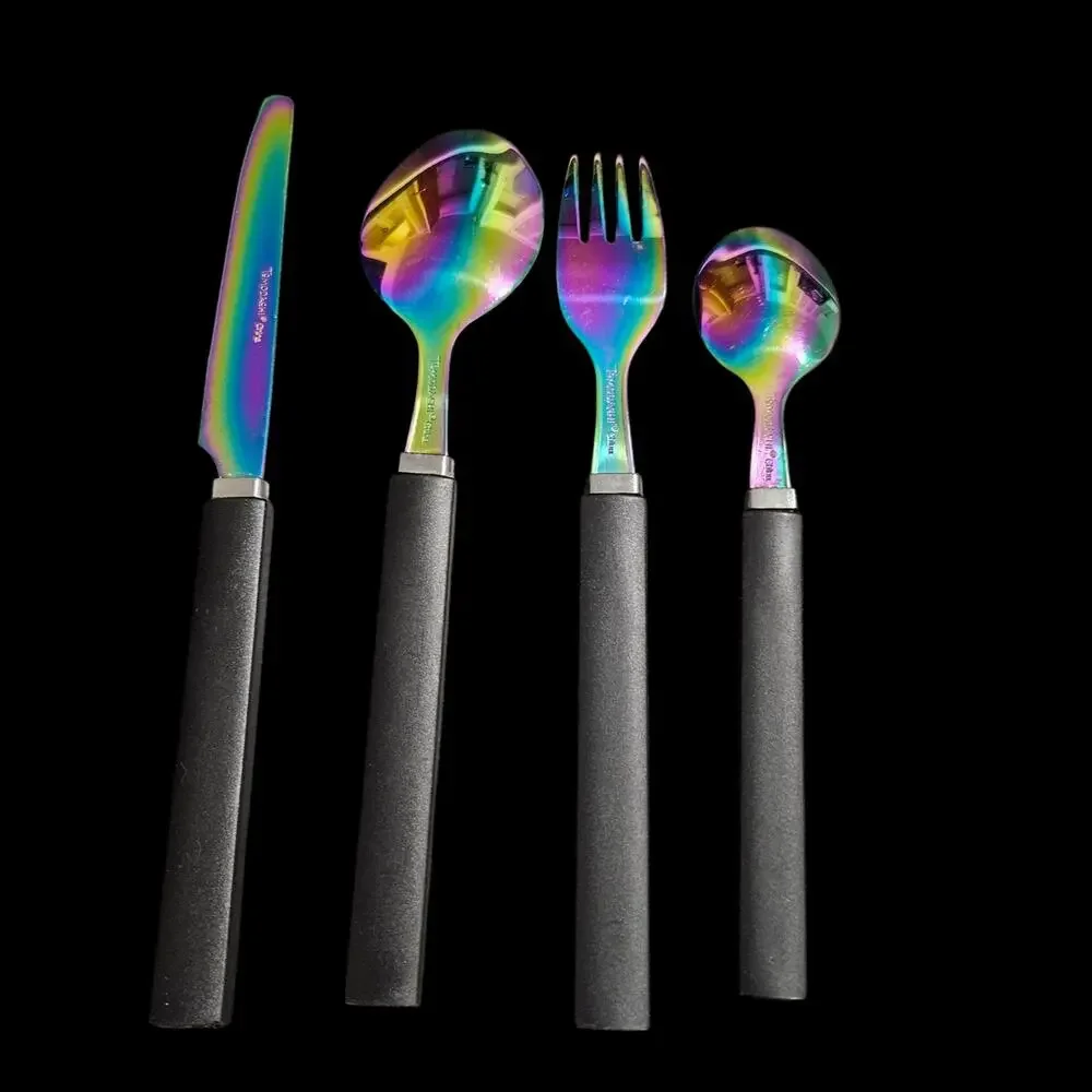 Tomodachi 4 Pc Rainbow Iridescent Flatware Set Black Handles Knife Spoon Fork